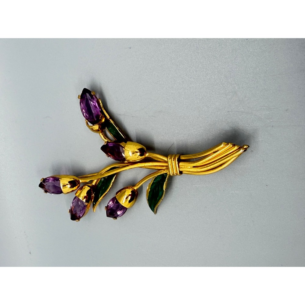 Vintage Gold Tone Purple Glass Enamel Flower Bouquet Brooch Large Statement - Picture 11 of 14